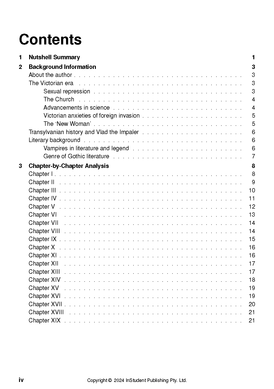 Text Guide for Dracula by InStudent Publishing, showing its black and white Contents page with chapter listings and page numbers.