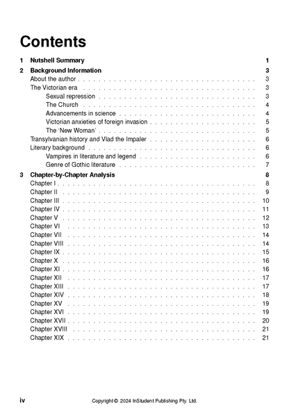Text Guide for Dracula by InStudent Publishing, showing its black and white Contents page with chapter listings and page numbers.