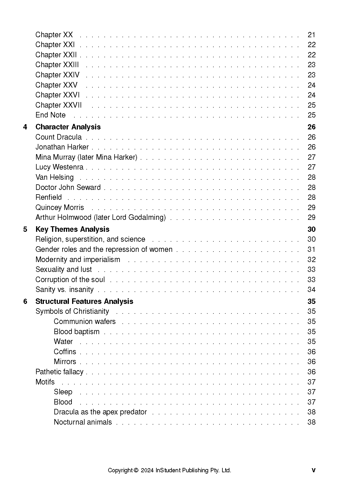 Text guide page displaying a table of contents for Dracula, detailing character, theme, and structural analysis.
