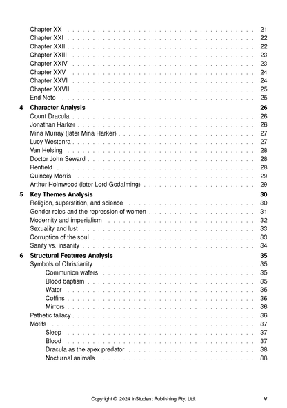 Text guide page displaying a table of contents for Dracula, detailing character, theme, and structural analysis.