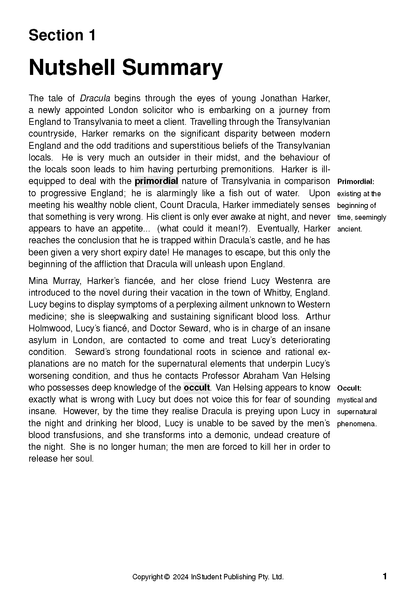 Text guide page with 'Nutshell Summary' for Dracula, showing highlighted terms and definitions.