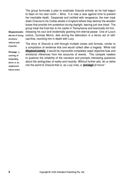 White text guide page with black text discussing Dracula, definitions, and copyright details.