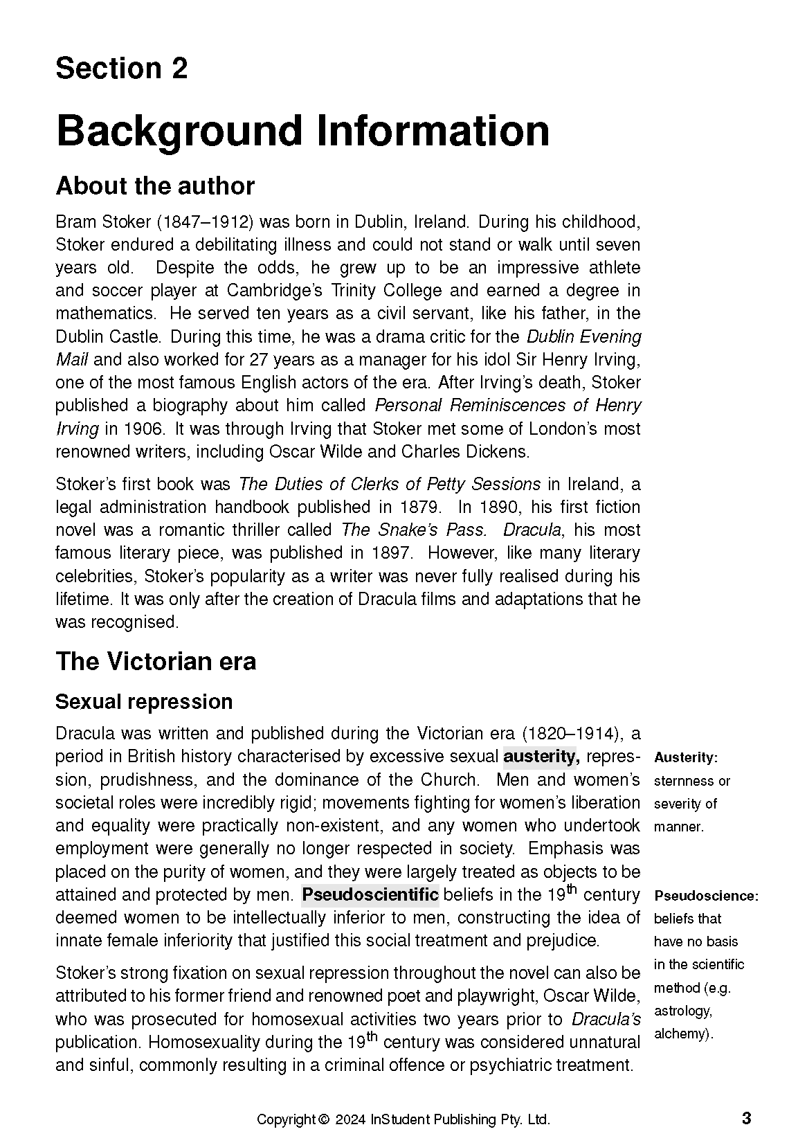 Text guide page for Dracula by Bram Stoker, with background information on the author and Victorian era.