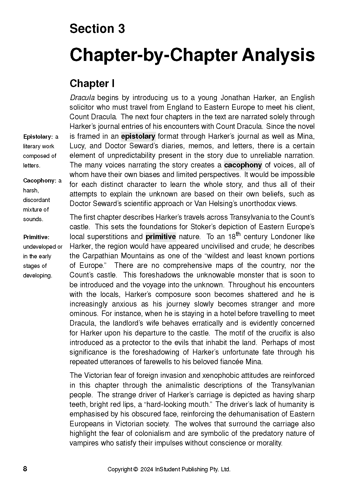 Text Guide page displaying "Section 3 Chapter-by-Chapter Analysis" with definitions of literary terms.