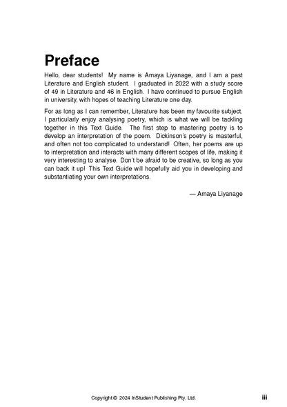 A page from a Text Guide featuring a "Preface" by Amaya Liyanage, discussing Emily Dickinson's poetry.