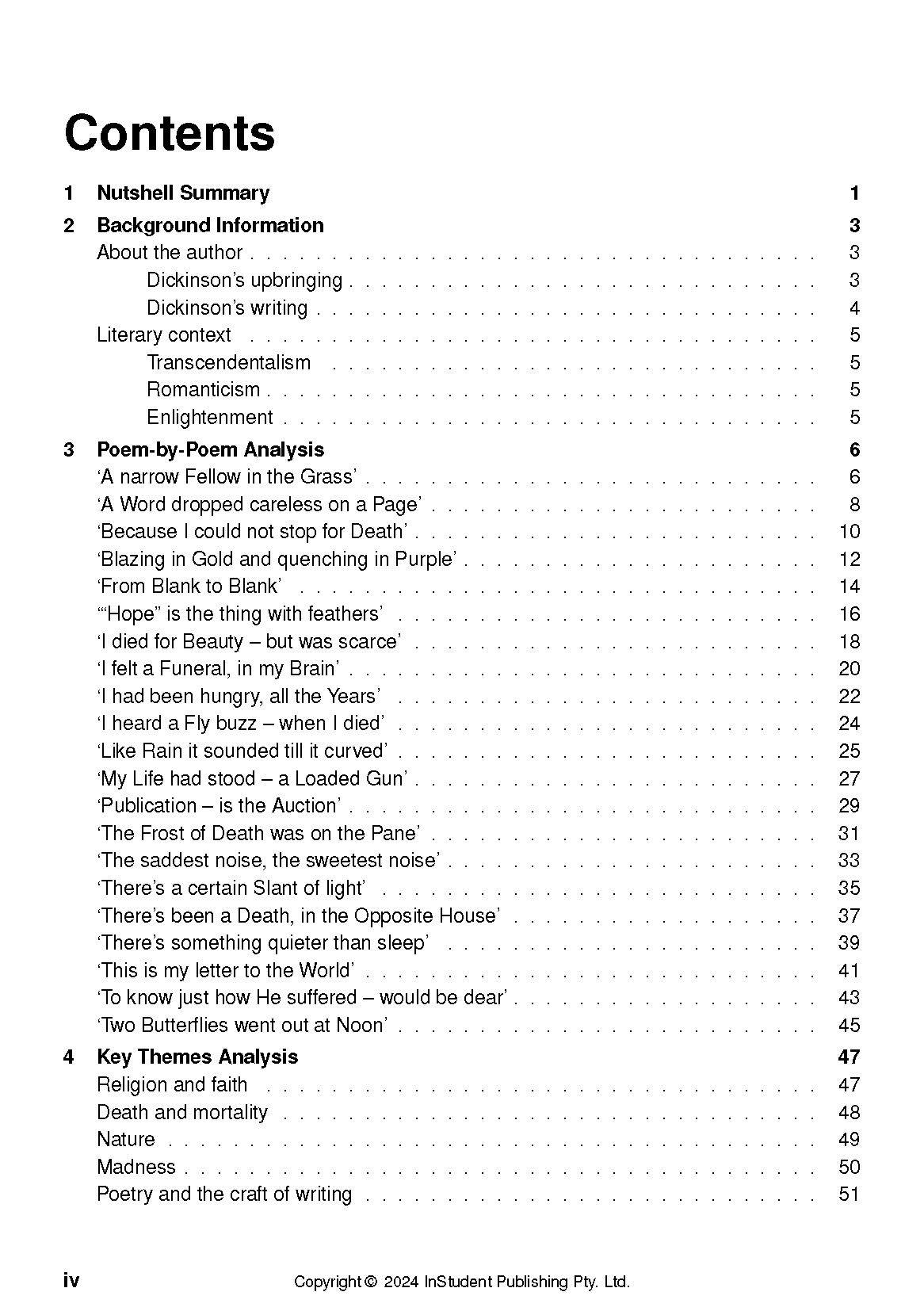 A white text guide displaying the detailed table of contents page for selected poems by Emily Dickinson, featuring headings and page numbers.