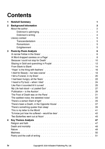 A white text guide displaying the detailed table of contents page for selected poems by Emily Dickinson, featuring headings and page numbers.