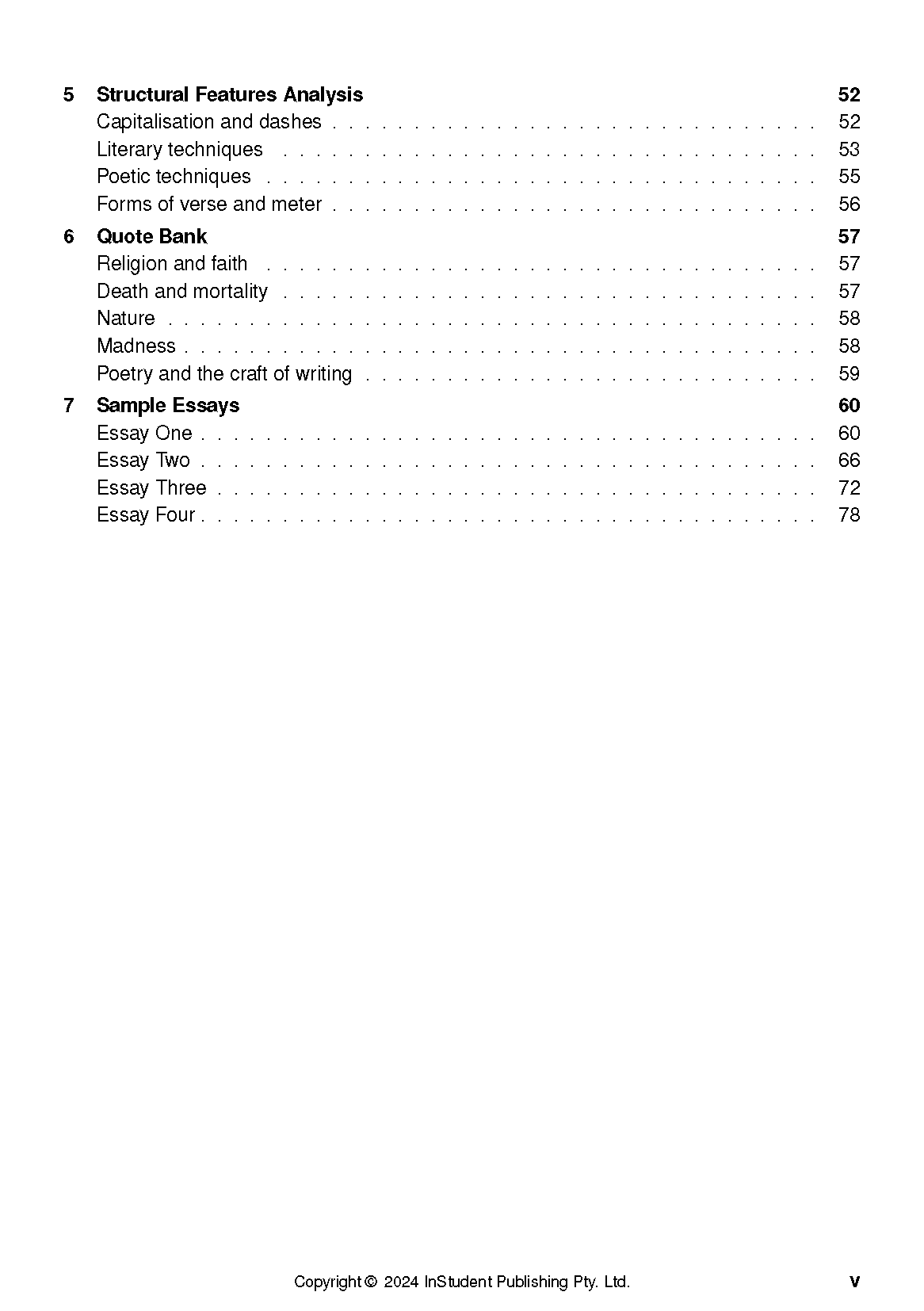 Text guide table of contents page detailing sections on structural analysis, a quote bank, and sample essays.