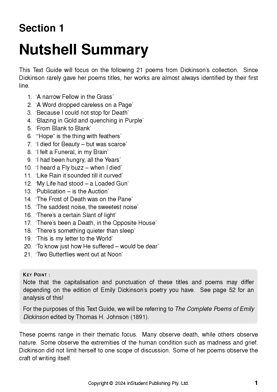 Text Guide for Selected Poems by Emily Dickinson, featuring a "Nutshell Summary" section, a numbered list of 21 poems, and a "Key Point" text box.