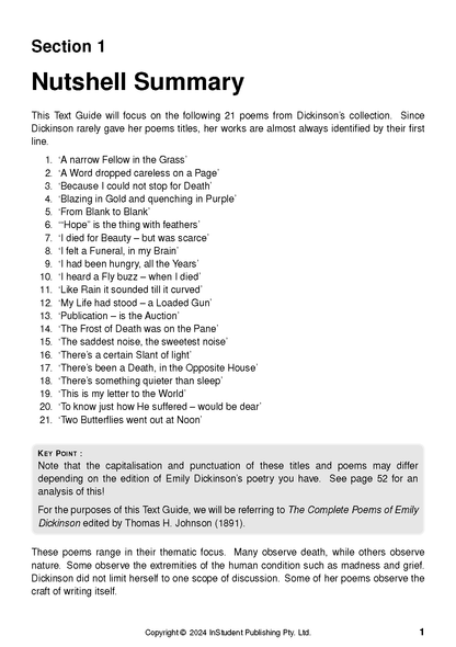 Text Guide for Selected Poems by Emily Dickinson, featuring a "Nutshell Summary" section, a numbered list of 21 poems, and a "Key Point" text box.