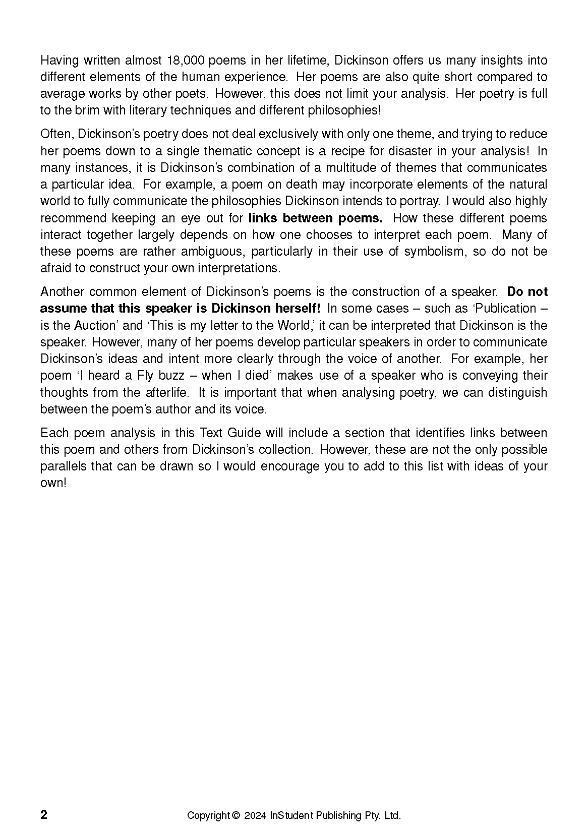 Text Guide page with black text on a white background, analyzing Emily Dickinson's poems, including speaker interpretation and identifying links.