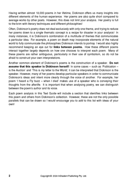 Text Guide page with black text on a white background, analyzing Emily Dickinson's poems, including speaker interpretation and identifying links.
