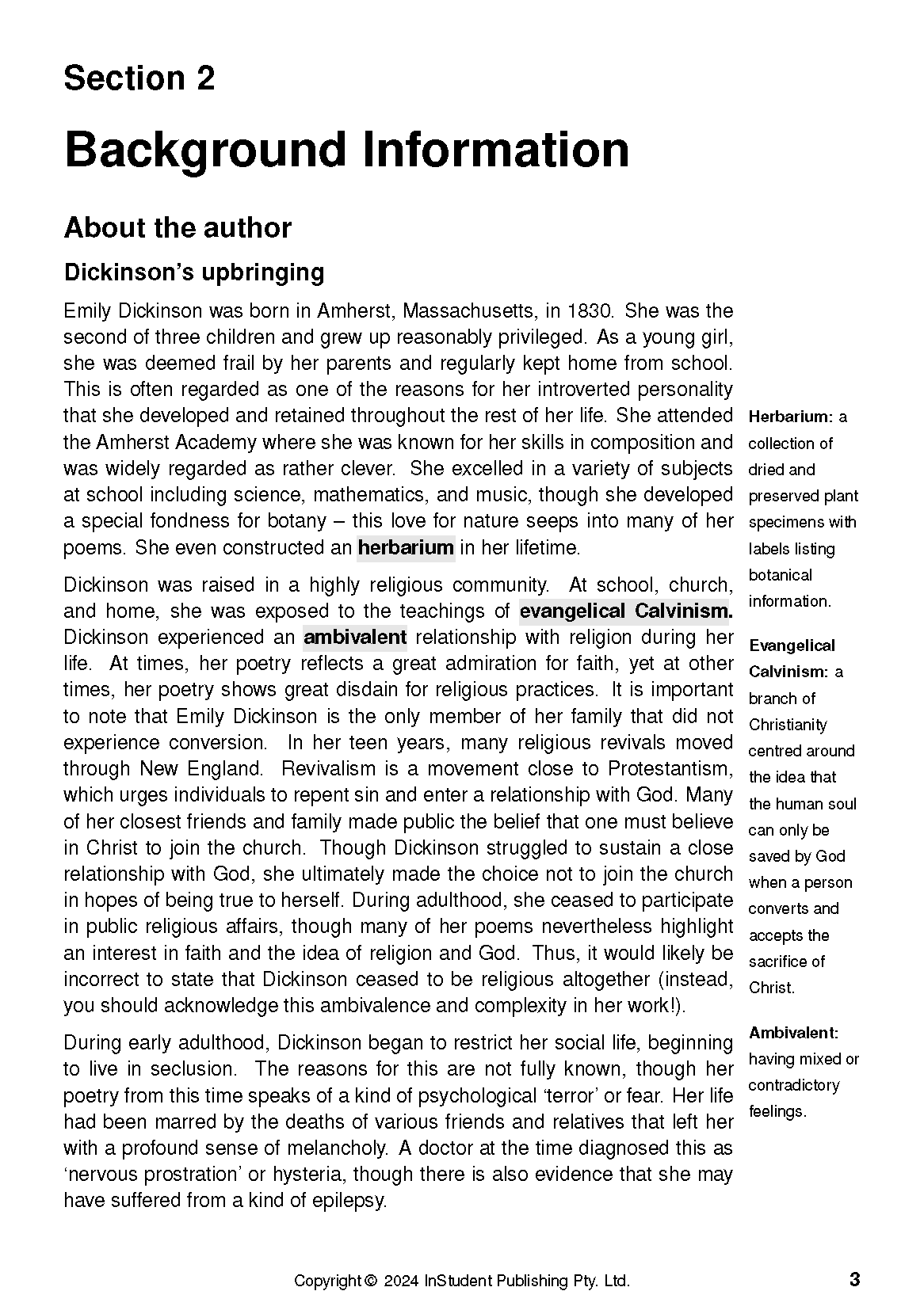 Text guide page with 'Background Information' about Emily Dickinson, featuring text sections and definitions in the margin.