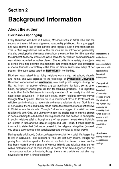 Text guide page with 'Background Information' about Emily Dickinson, featuring text sections and definitions in the margin.