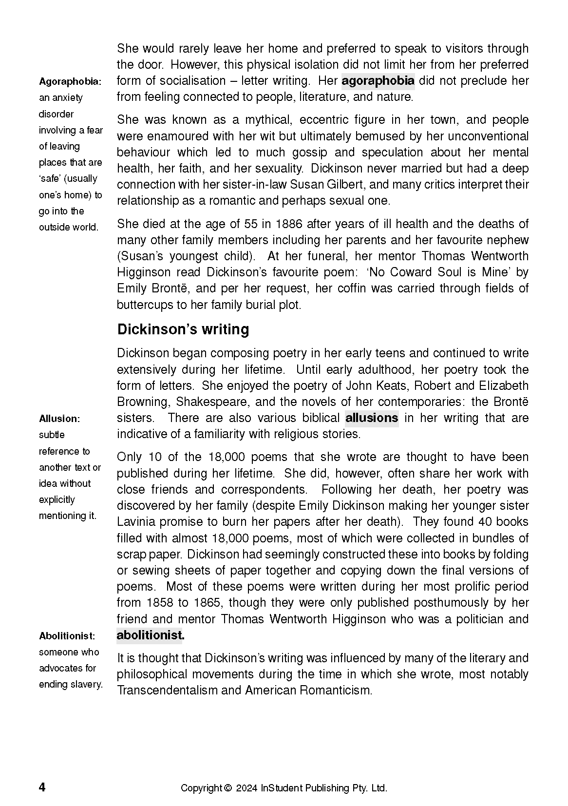 Text Guide for Selected Poems by Emily Dickinson, featuring a page with biographical text and vocabulary definitions.