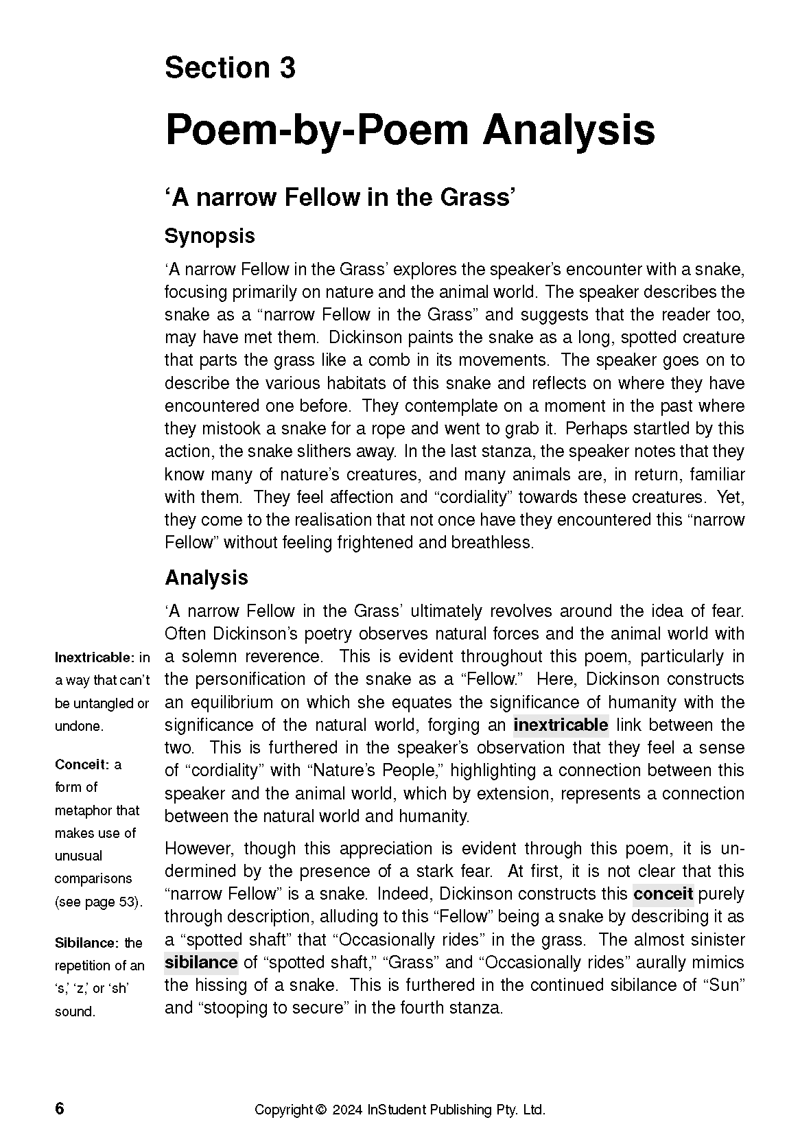 Text Guide page featuring 'Poem-by-Poem Analysis' for Emily Dickinson's 'A narrow Fellow in the Grass', with marginal definitions and copyright.
