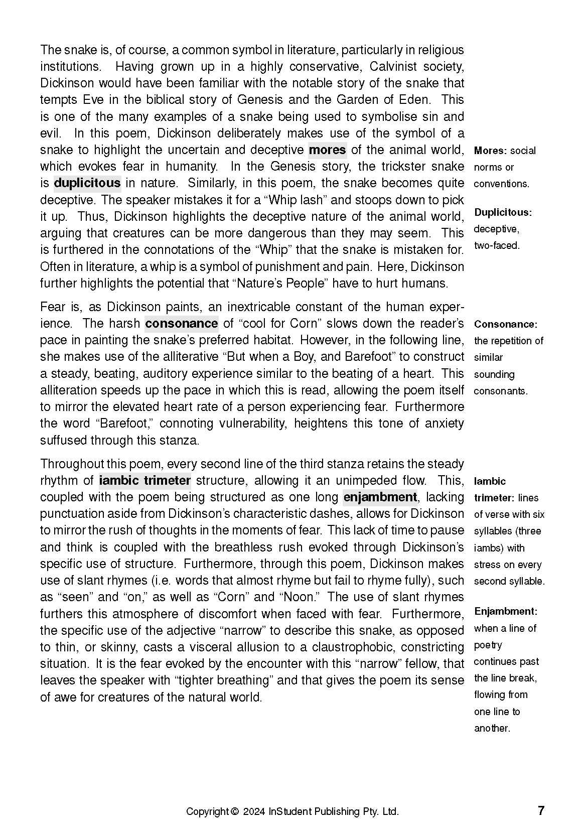 Cropped Text Guide page with definitions of literary terms like 'Mores' and 'Consonance' and analysis of a poem.