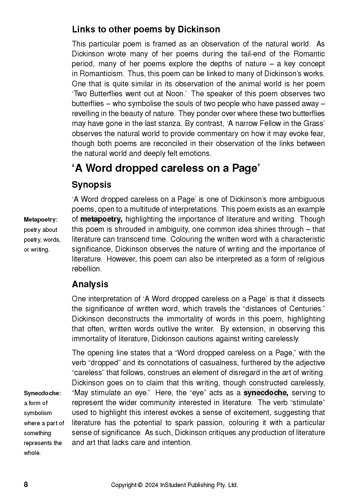 Text Guide page with black text and headings, including 'Synopsis' and 'Analysis' of Dickinson's poem, and definitions for 'Metapoetry' and 'Synecdoche'.