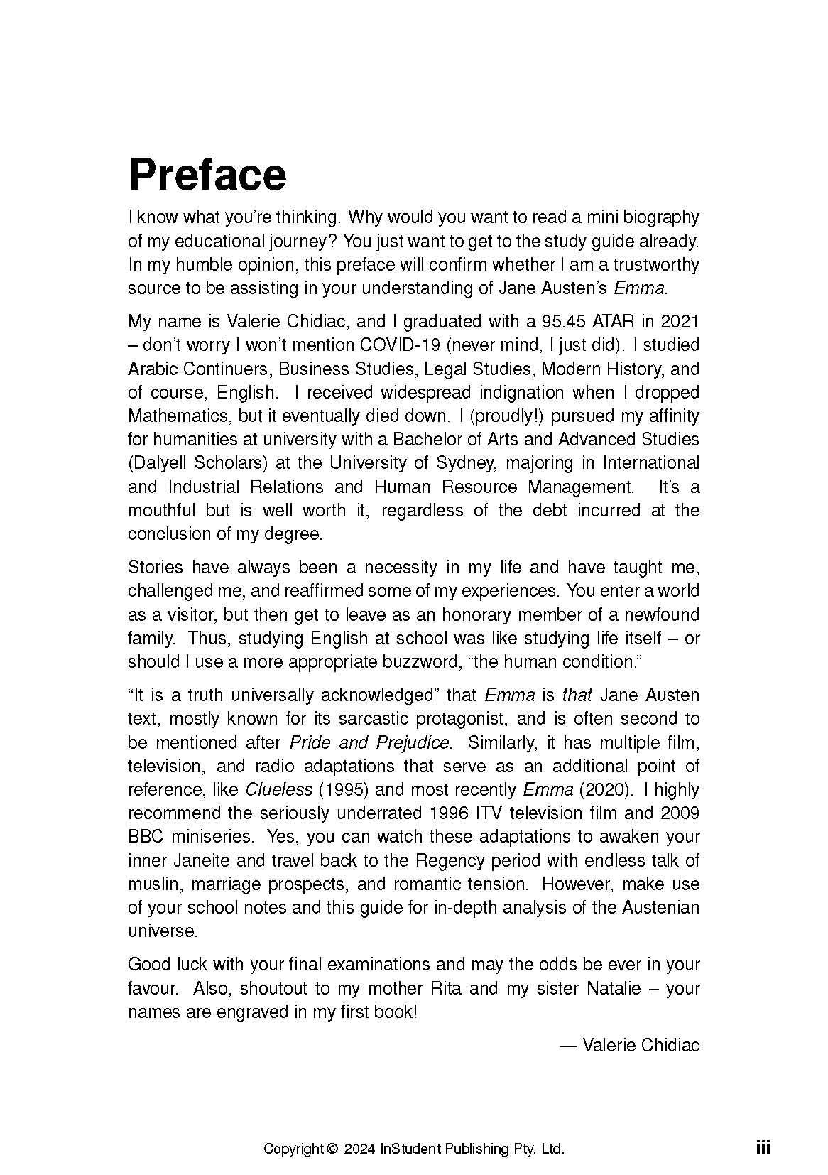 Text Guide for Emma by Jane Austen, a white page showing the 'Preface' title and multiple paragraphs of black text.