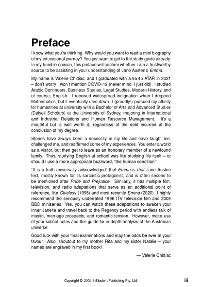 Text Guide for Emma by Jane Austen, a white page showing the 'Preface' title and multiple paragraphs of black text.