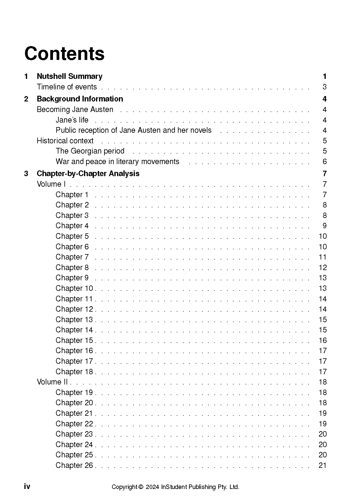 Contents page from a Text Guide on Emma by Jane Austen, listing sections with page numbers.