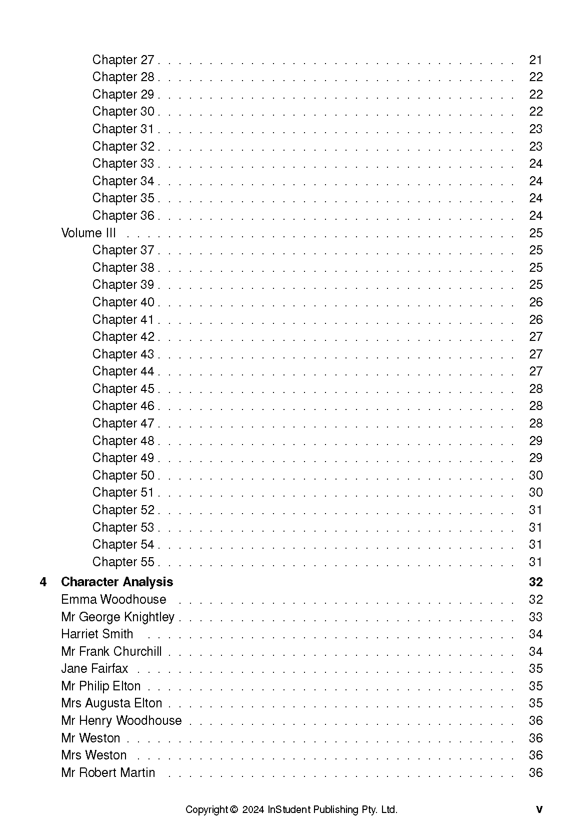 Text Guide displaying a table of contents page with chapter listings, page numbers, and a character analysis section.