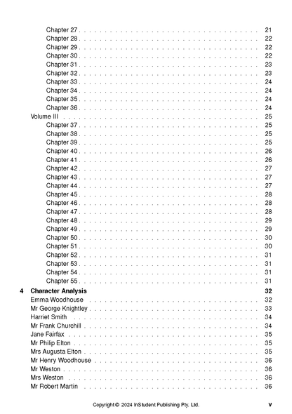 Text Guide displaying a table of contents page with chapter listings, page numbers, and a character analysis section.