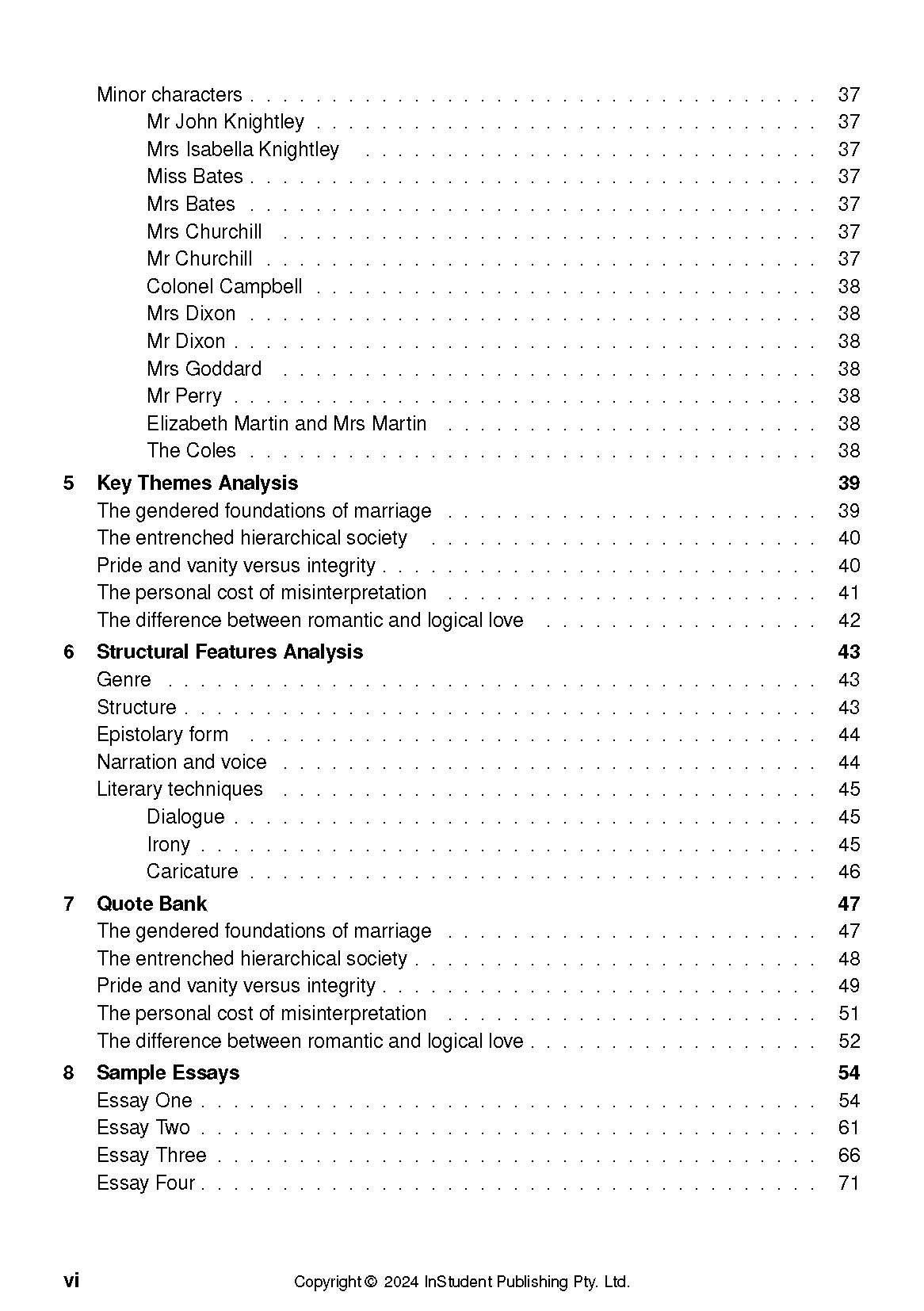 Text Guide page displaying a table of contents with sections on characters, themes, and sample essays.