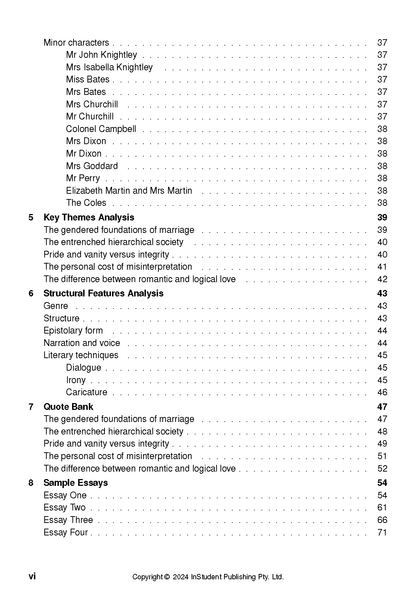Text Guide page displaying a table of contents with sections on characters, themes, and sample essays.