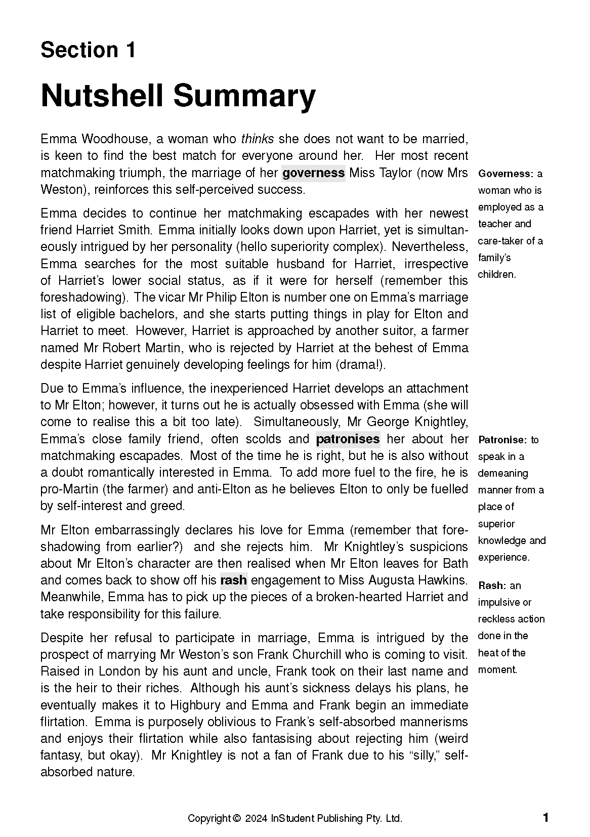 Text Guide for Emma by Jane Austen, showing a page with a "Nutshell Summary" and definitions.