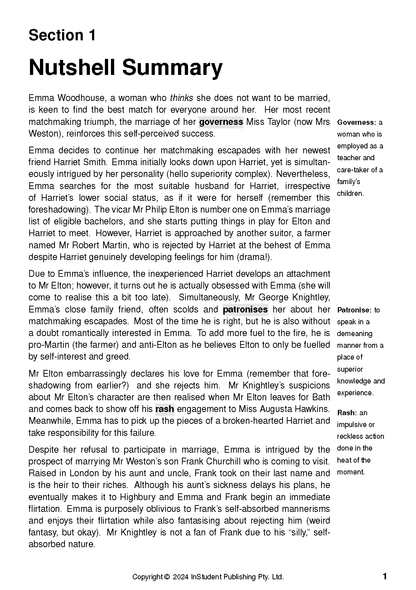 Text Guide for Emma by Jane Austen, showing a page with a "Nutshell Summary" and definitions.