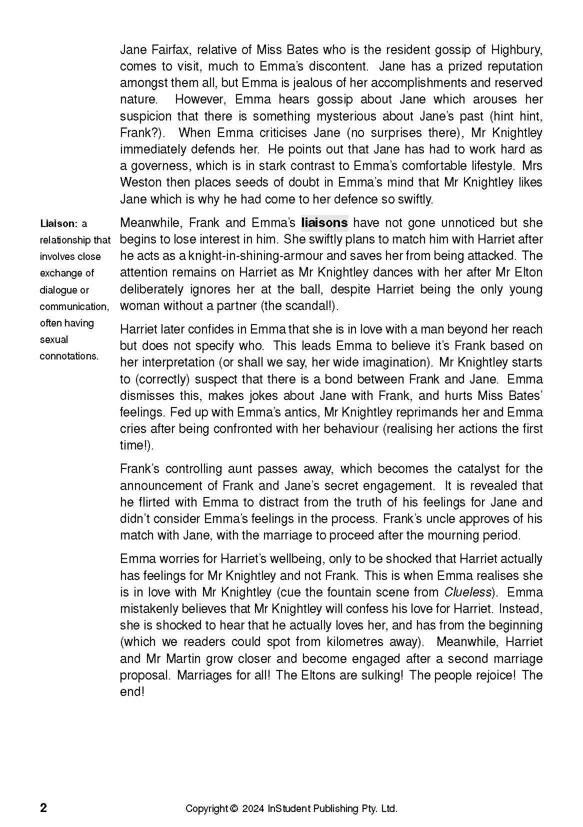 White text guide page by InStudent Publishing Pty. Ltd. featuring black analytical text about Emma, with the word "liaisons" highlighted.