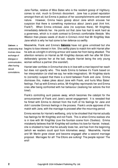 White text guide page by InStudent Publishing Pty. Ltd. featuring black analytical text about Emma, with the word "liaisons" highlighted.