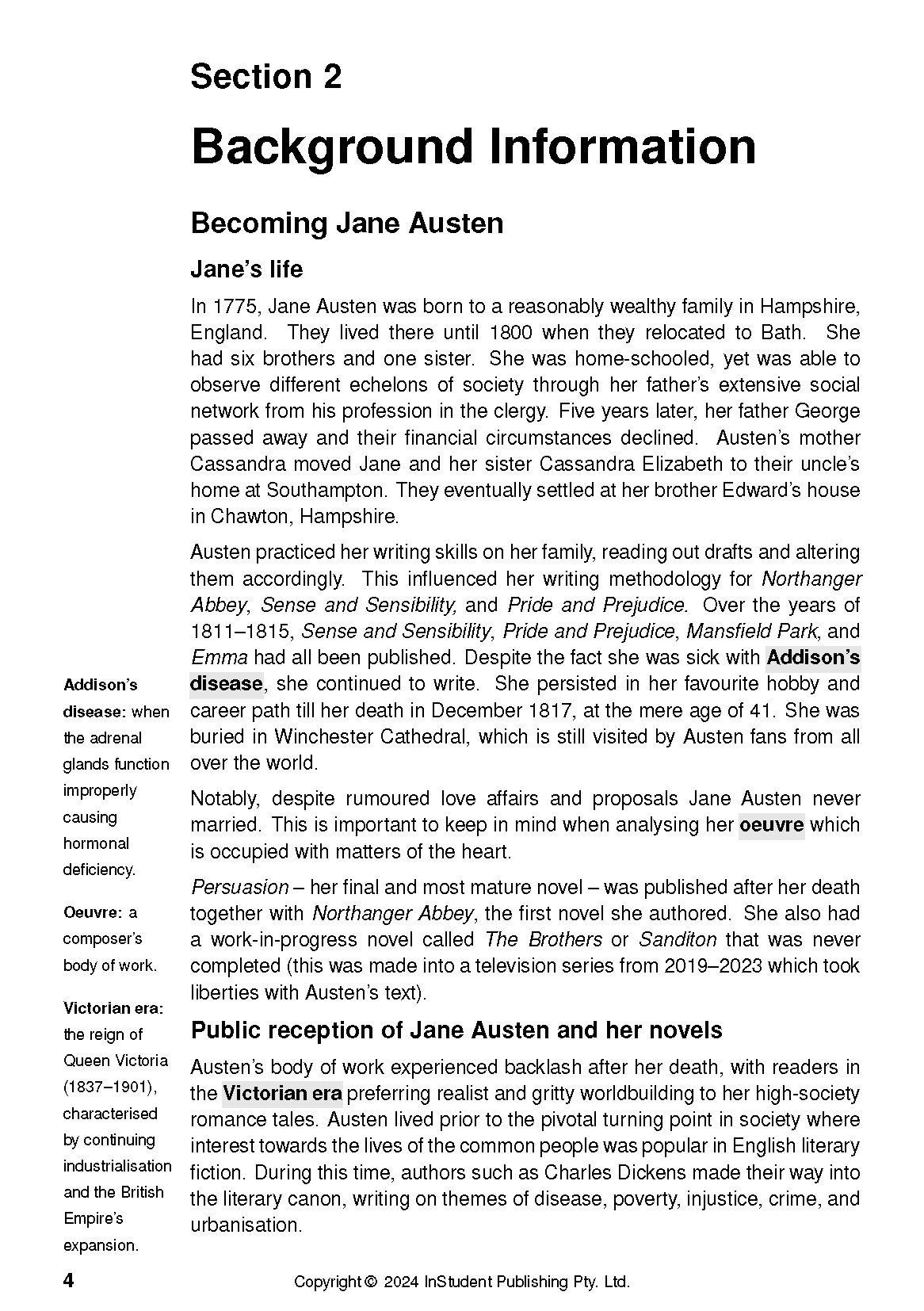 Text guide page from Section 2 'Background Information' on Jane Austen, with definitions for terms like 'Addison's disease' and 'Victorian era'.