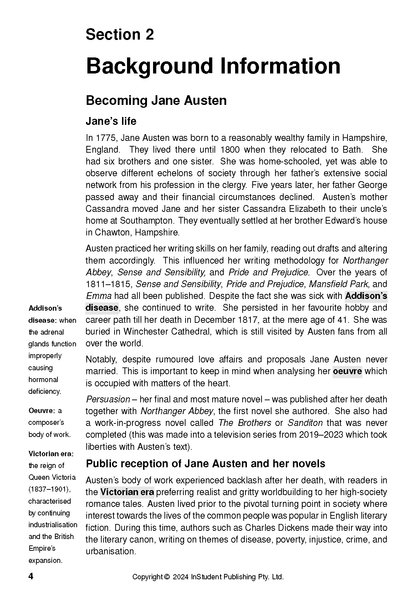 Text guide page from Section 2 'Background Information' on Jane Austen, with definitions for terms like 'Addison's disease' and 'Victorian era'.