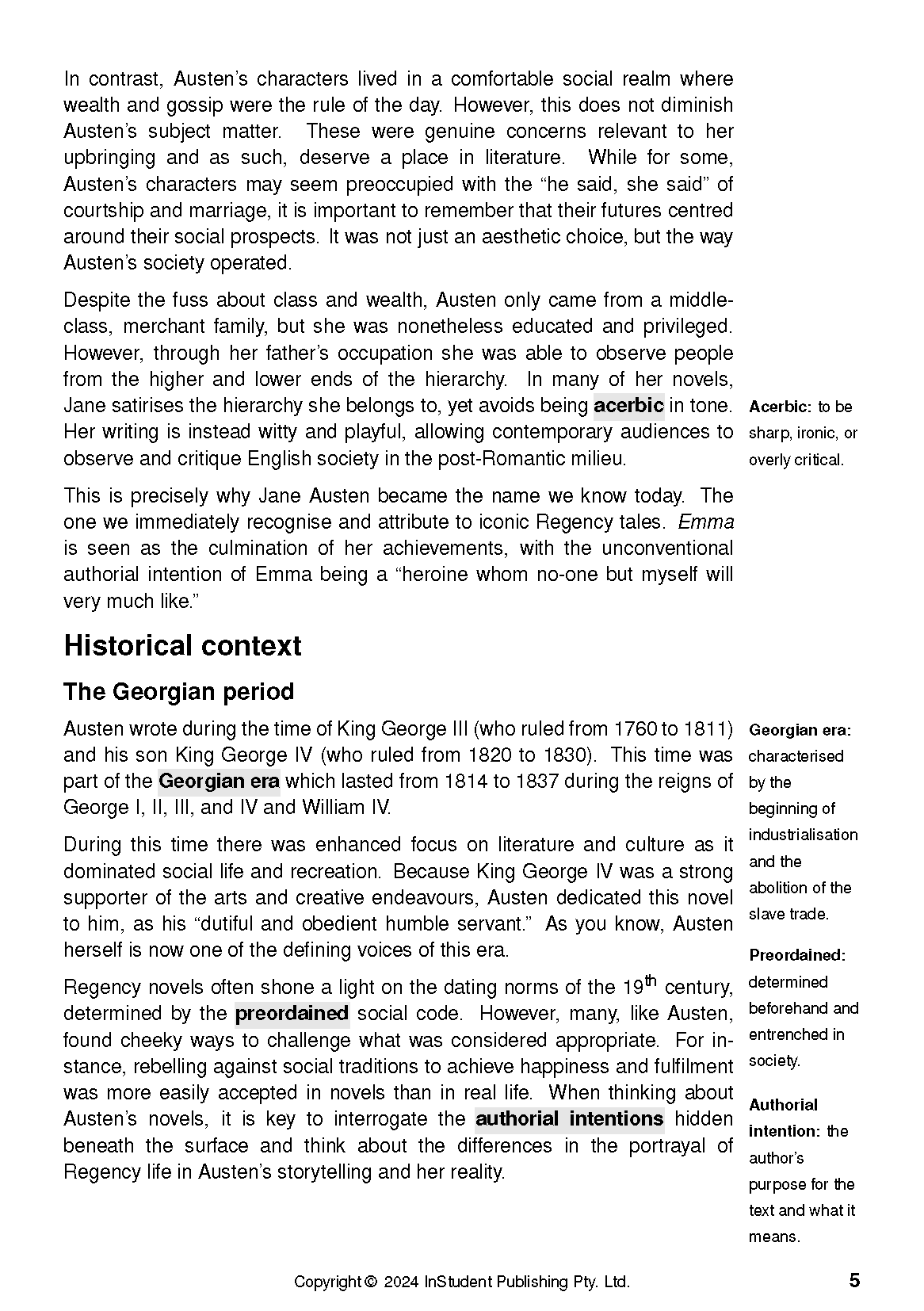 Text Guide on Emma by Jane Austen, page 5, from InStudent Publishing Pty. Ltd., featuring analysis, headings, and marginal definitions.