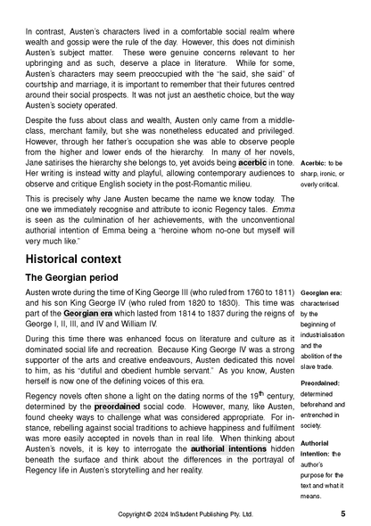 Text Guide on Emma by Jane Austen, page 5, from InStudent Publishing Pty. Ltd., featuring analysis, headings, and marginal definitions.