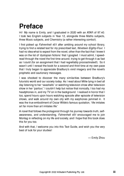 Text Guide about Fahrenheit 451 by Ray Bradbury, a cropped page with Preface title and black text on white paper.