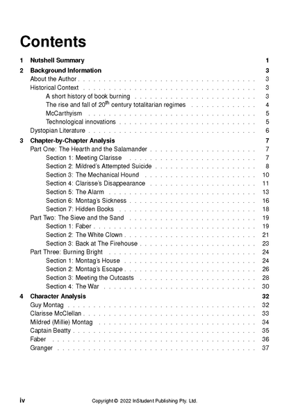 Text Guide for Fahrenheit 451 by Ray Bradbury from InStudent Publishing Pty. Ltd., showing the detailed table of contents page with chapter breakdowns.