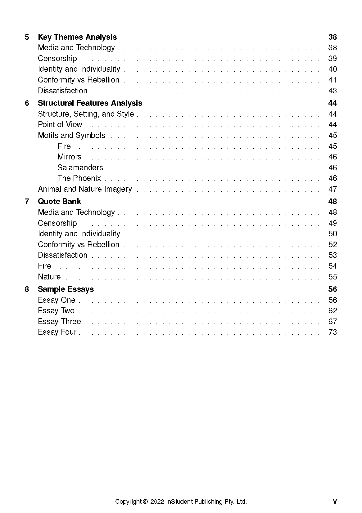 Text guide for Fahrenheit 451 by Ray Bradbury from InStudent Publishing Pty. Ltd., displaying its table of contents with headings and page numbers.