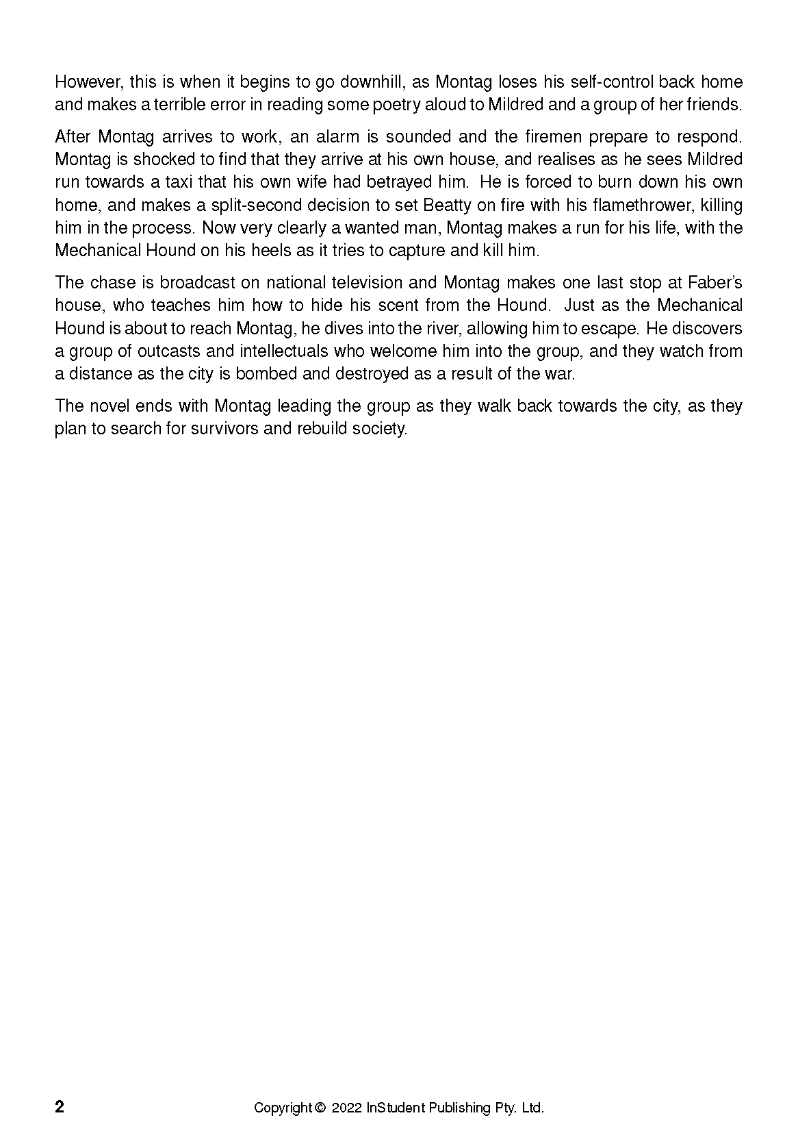 Text Guide page by InStudent Publishing Pty. Ltd. featuring black text analyzing Fahrenheit 451, with page number 2.