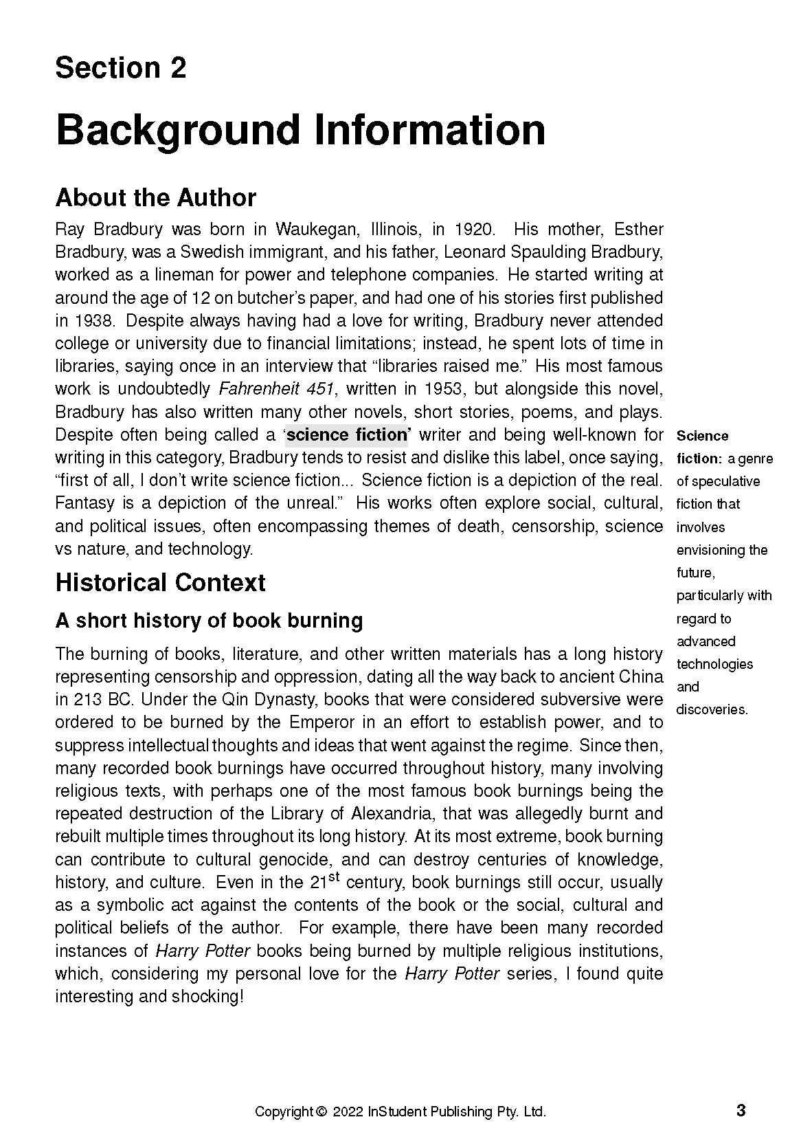 Text Guide page for Fahrenheit 451 by Ray Bradbury, by InStudent Publishing, showing author background and historical context.