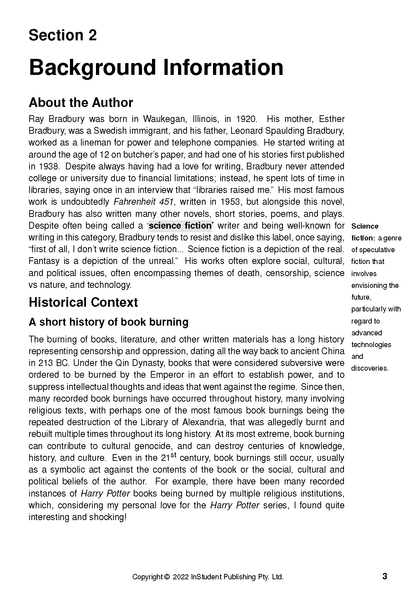 Text Guide page for Fahrenheit 451 by Ray Bradbury, by InStudent Publishing, showing author background and historical context.