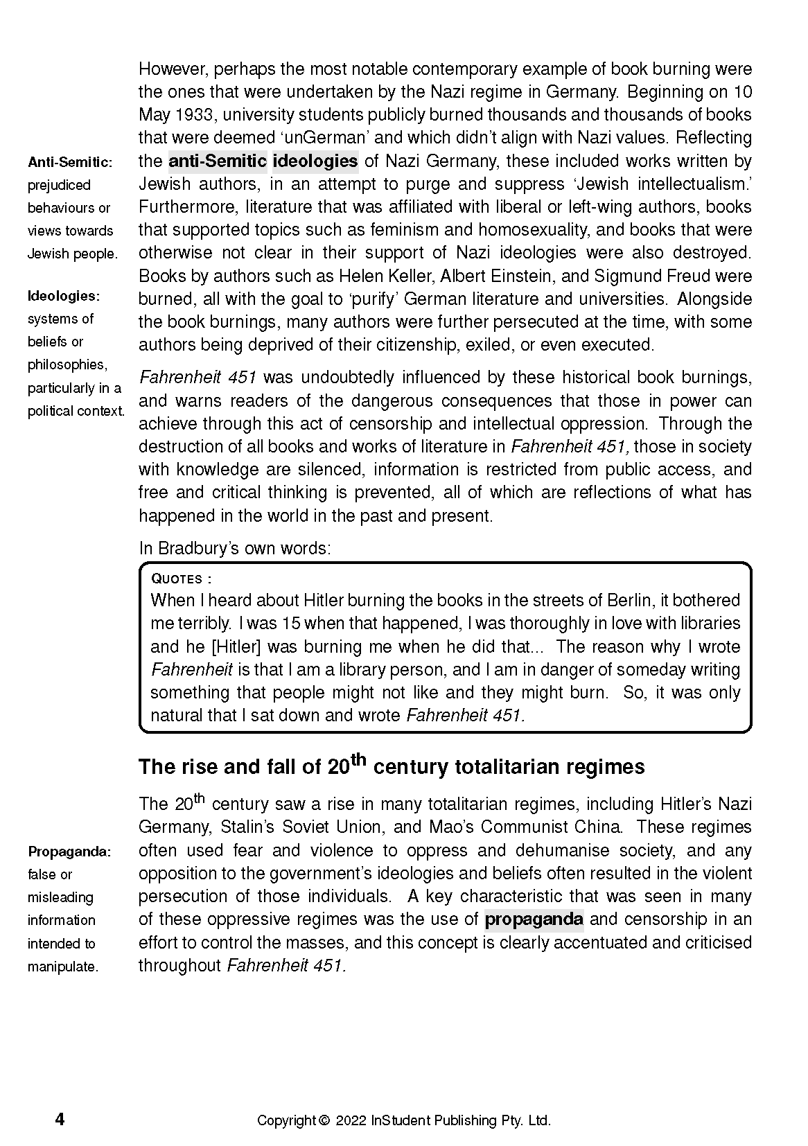 Text guide page with definitions of 'Anti-Semitic' and 'Propaganda', featuring content about Fahrenheit 451 and Bradbury quotes.
