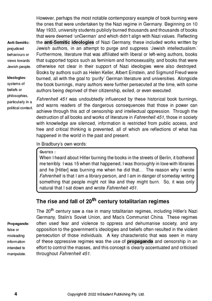Text guide page with definitions of 'Anti-Semitic' and 'Propaganda', featuring content about Fahrenheit 451 and Bradbury quotes.