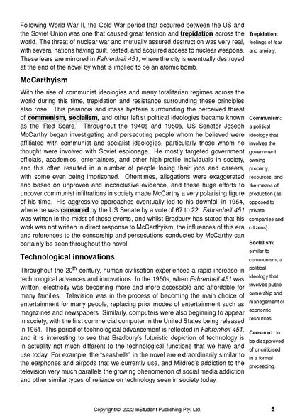 Text Guide page with black text on a white background, featuring discussions of Fahrenheit 451, McCarthyism, and Technological innovations.