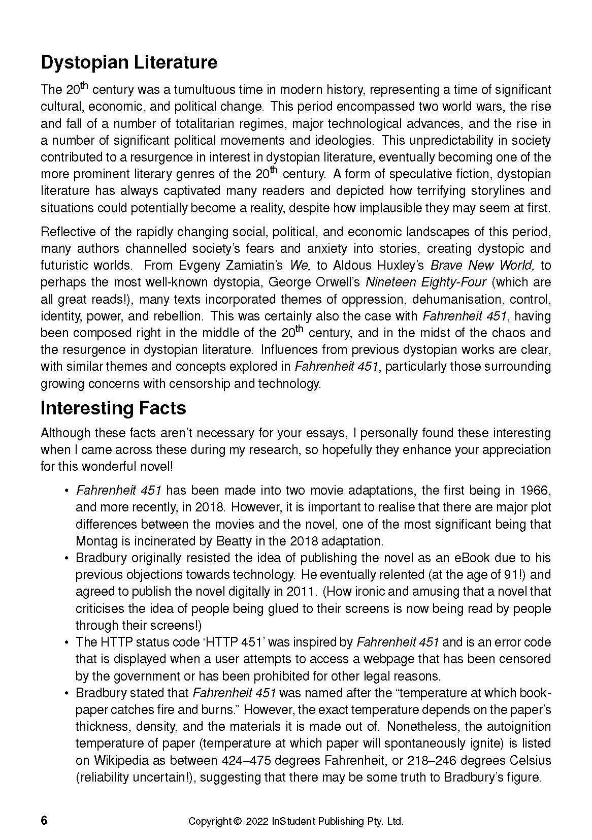 White text guide page by InStudent Publishing showing sections on Dystopian Literature and Fahrenheit 451.