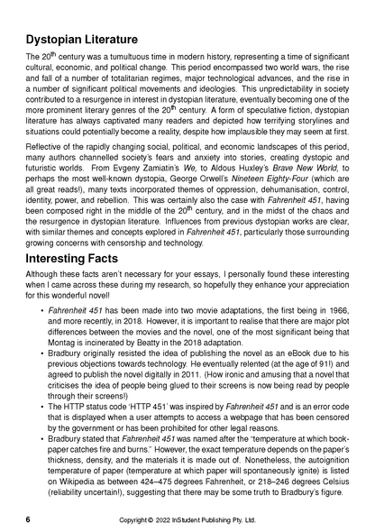 White text guide page by InStudent Publishing showing sections on Dystopian Literature and Fahrenheit 451.