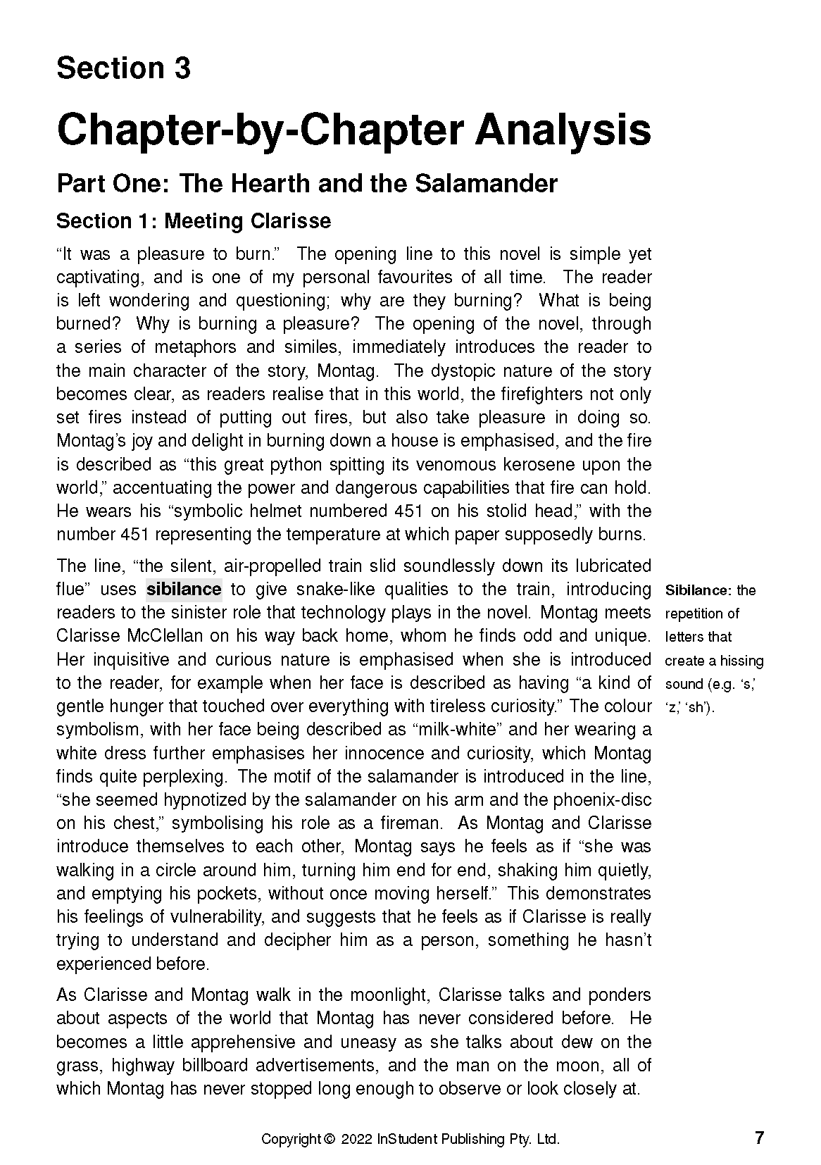 Text Guide from InStudent Publishing Pty. Ltd. for Fahrenheit 451, showing analysis text and a 'Sibilance' definition on a white page.