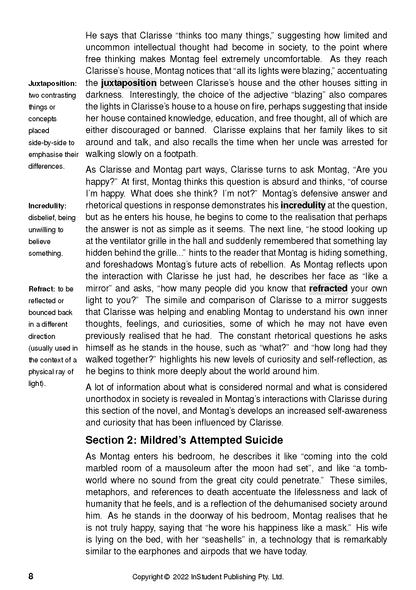 Text Guide for Fahrenheit 451 showing page 8 with explanatory text, definitions, and a section titled "Mildred's Attempted Suicide".